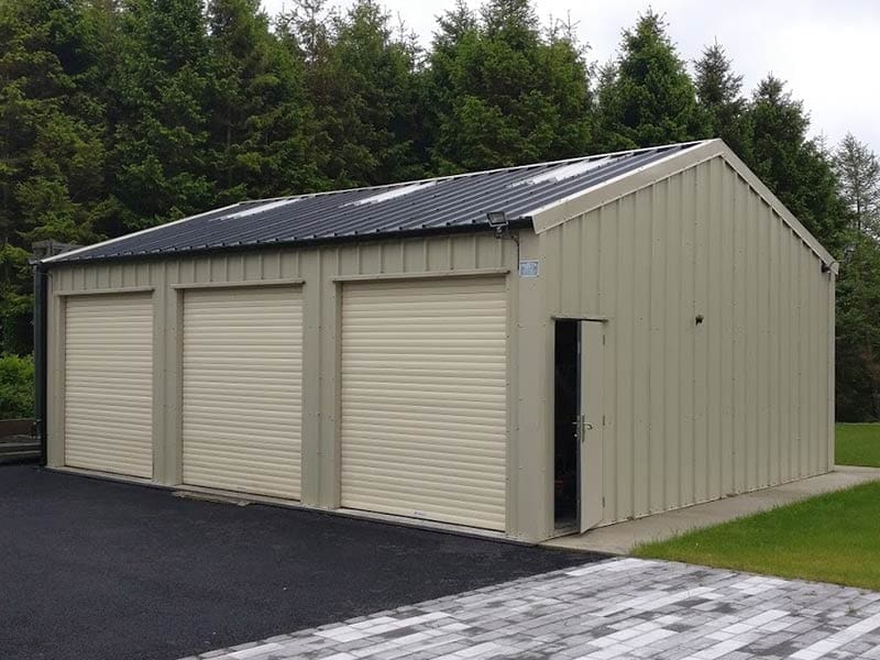 9.2m x 6m Gold range Mushroom vertical profile 3no roller doors Shanette Sheds