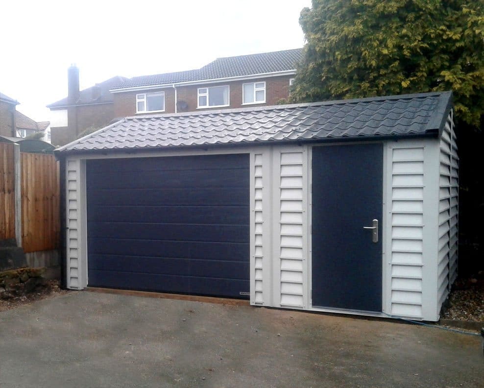 White Plank Effect Garden Shed with upgrade of roller door