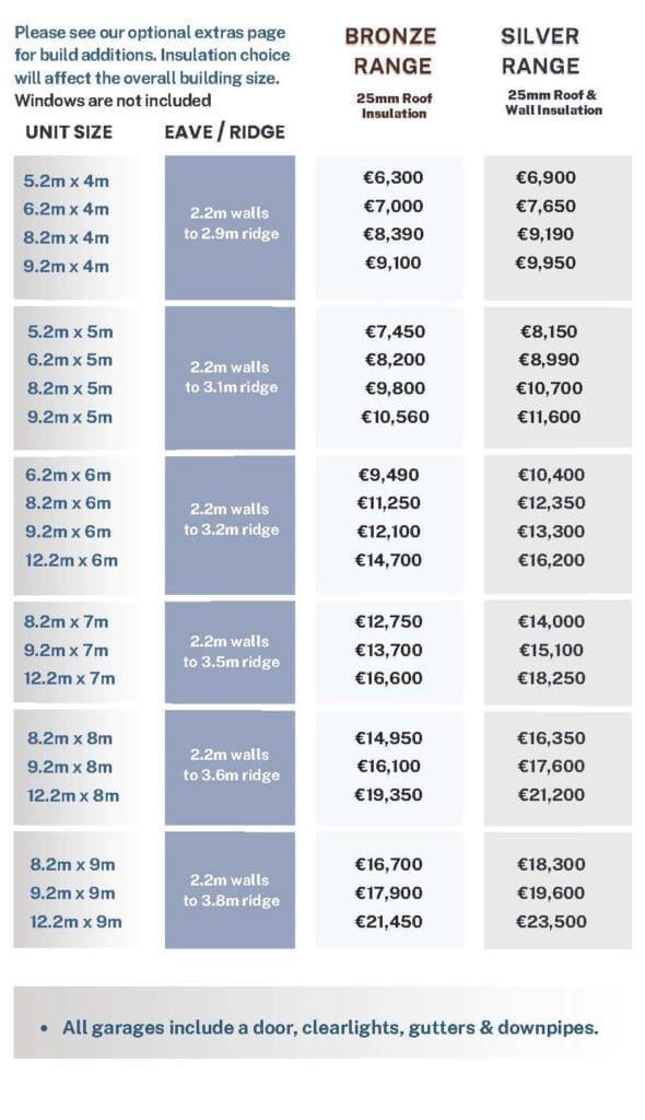Silver and Bronze Range Garage Price List