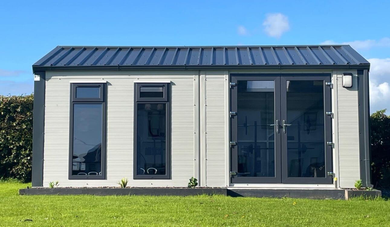 Insulated steel home gym shed Shanette in Dublin with French Doors