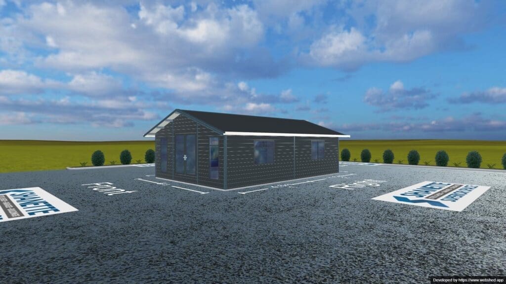 Before and after view of a Shanette insulated steel building from design app to completed installation