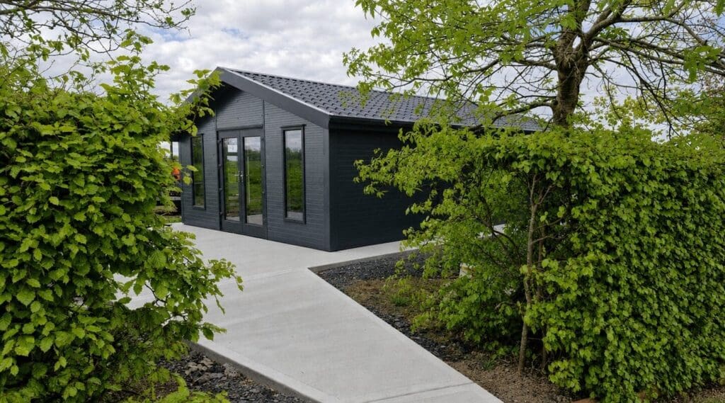 Before and after view of a Shanette insulated steel building from design app to completed installation